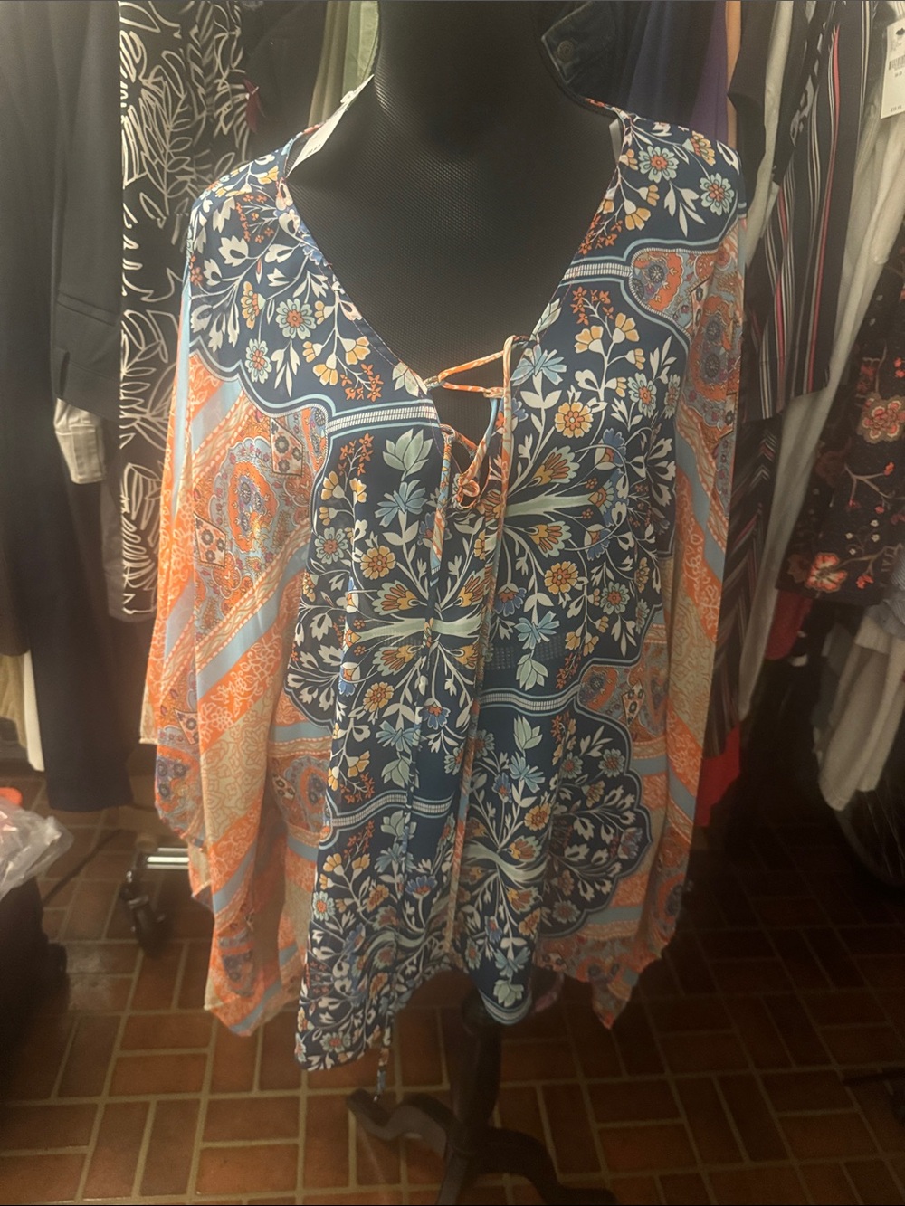 West Kei Navy and Orange Floral Lace-Up Boho Tunic